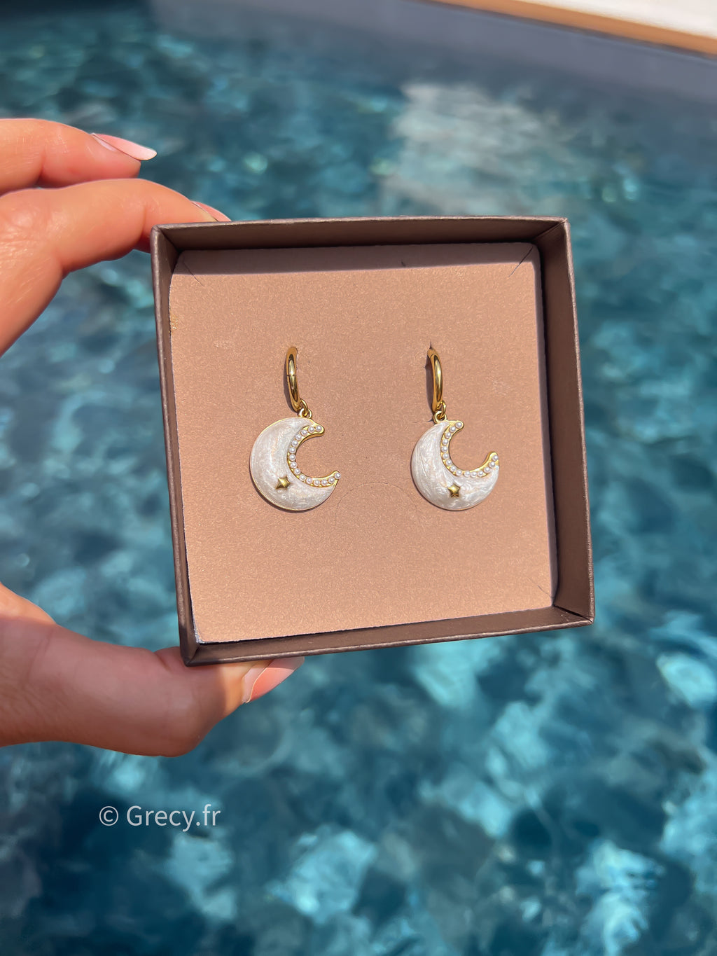 Gabrielle / Boucles d'oreilles lune marbrée avec strass