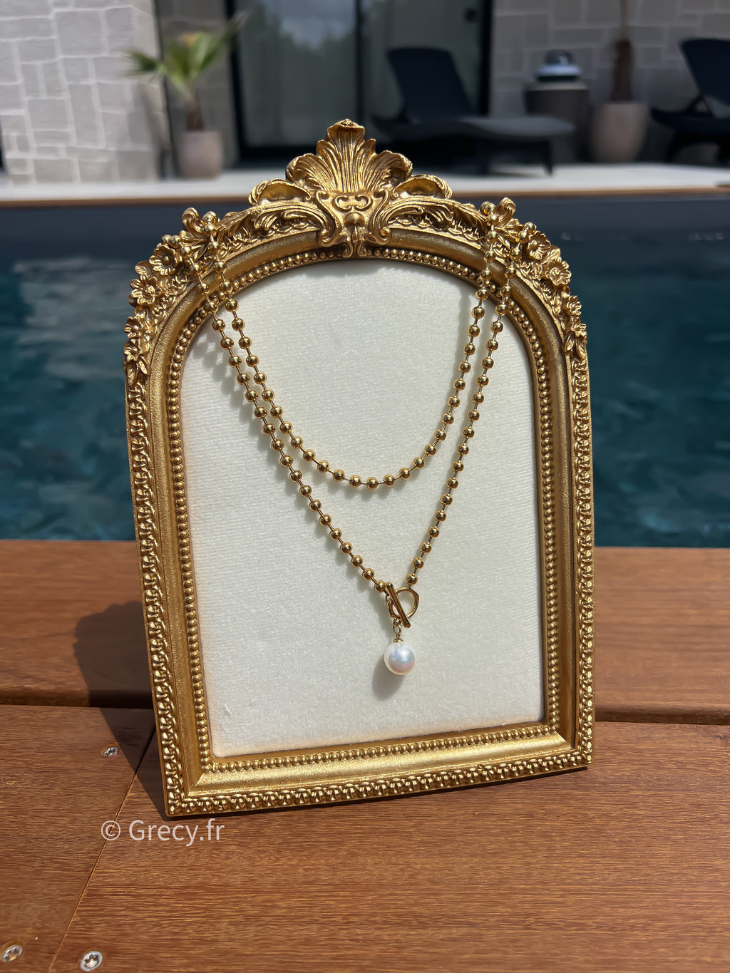 Soline / Collier sautoir double rang perles dorées avec pendentif perles nacre