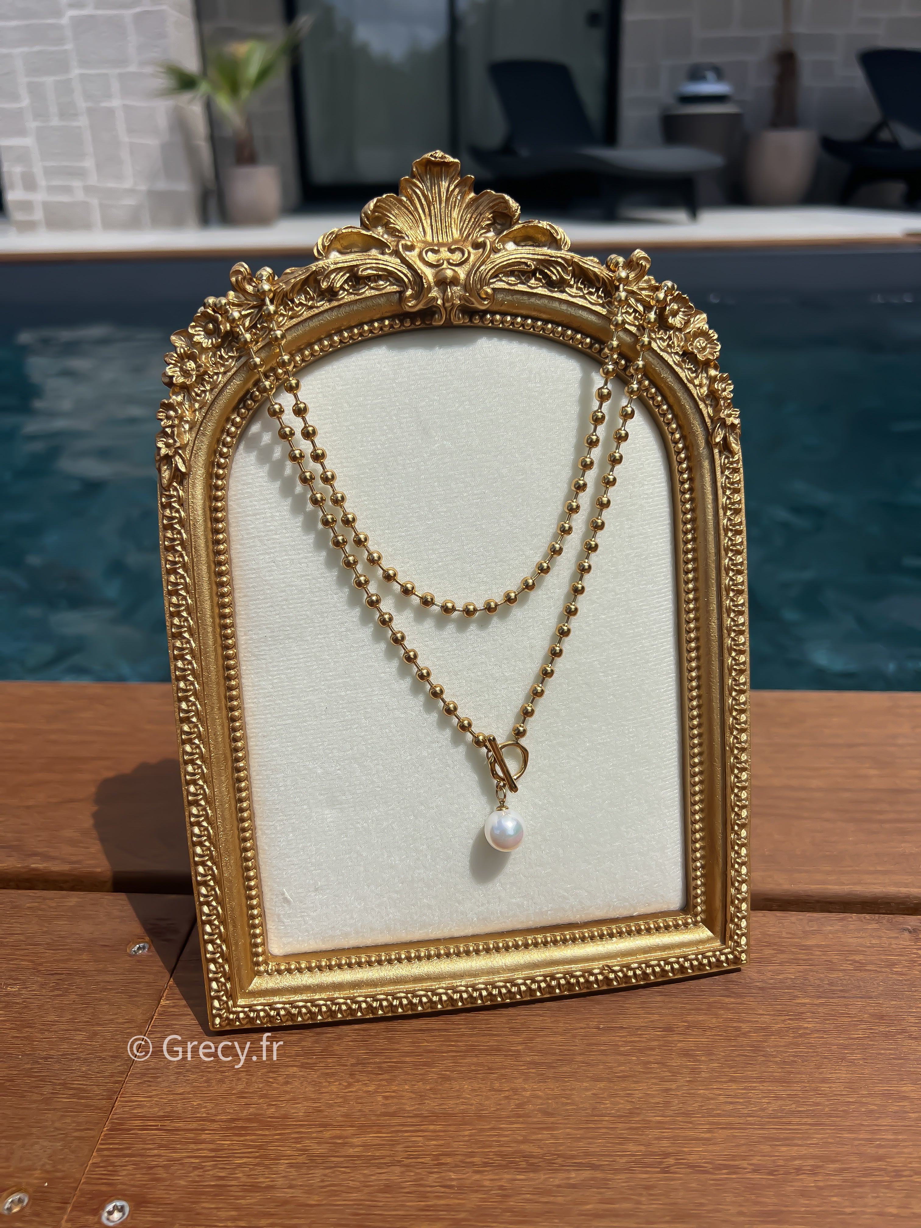 Soline / Collier sautoir double rang perles dorées avec pendentif perles nacre