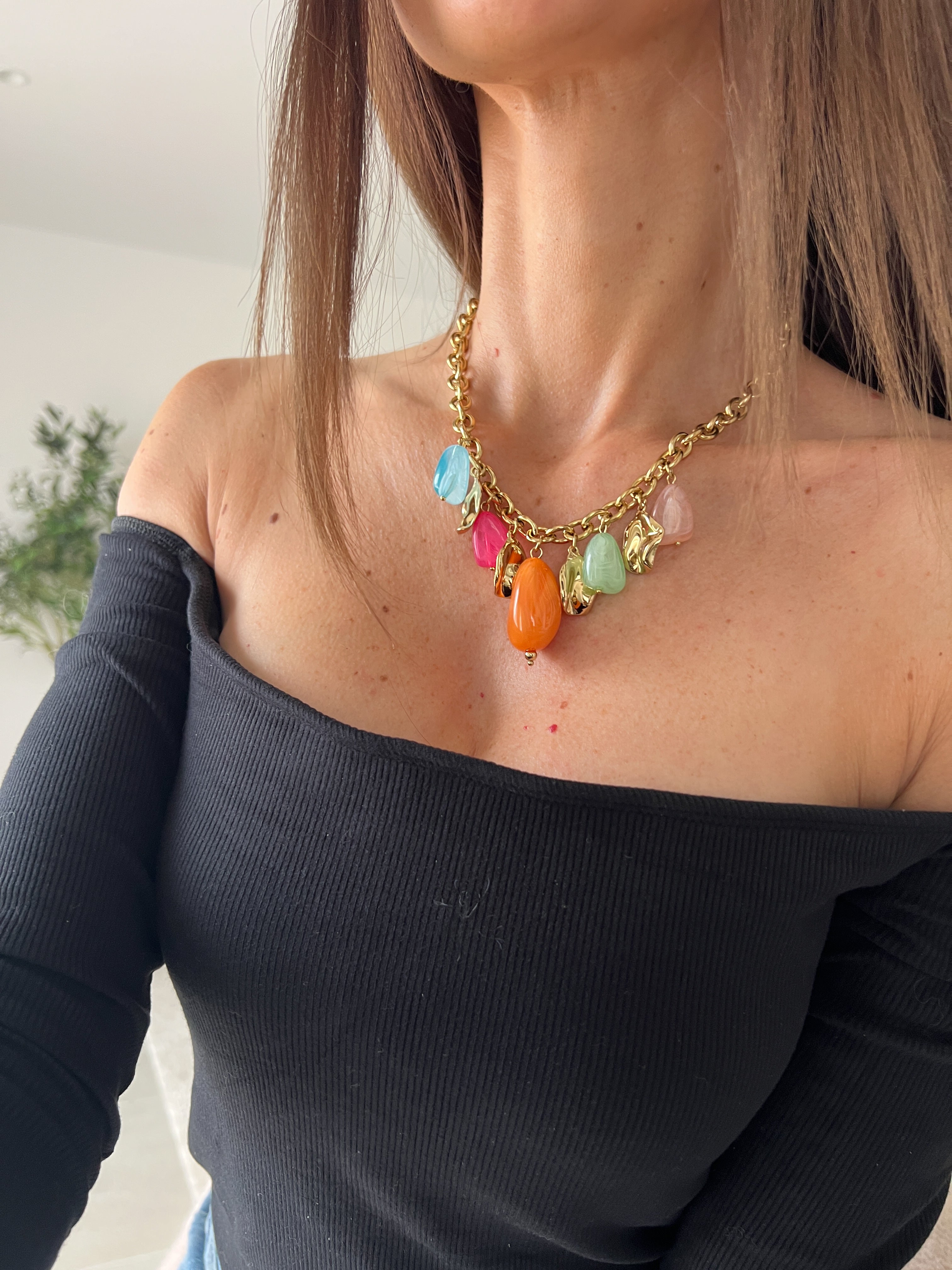 Lison / collier charms multicores en acier inoxydable