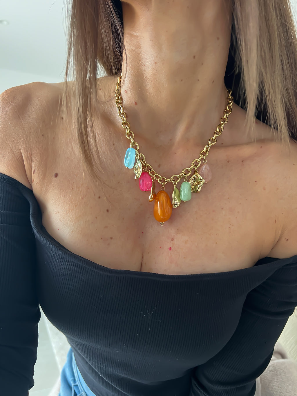Lison / collier charms multicores en acier inoxydable