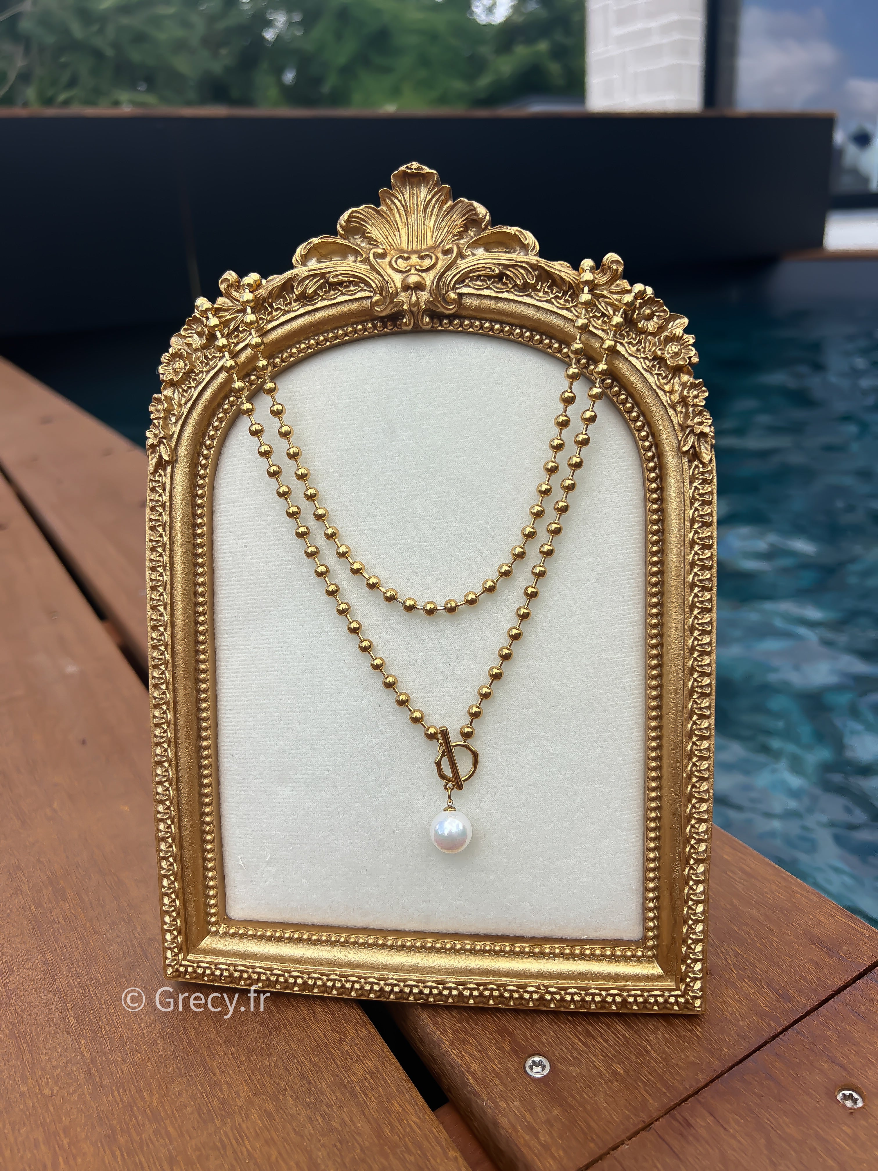 Soline / Collier sautoir double rang perles dorées avec pendentif perles nacre