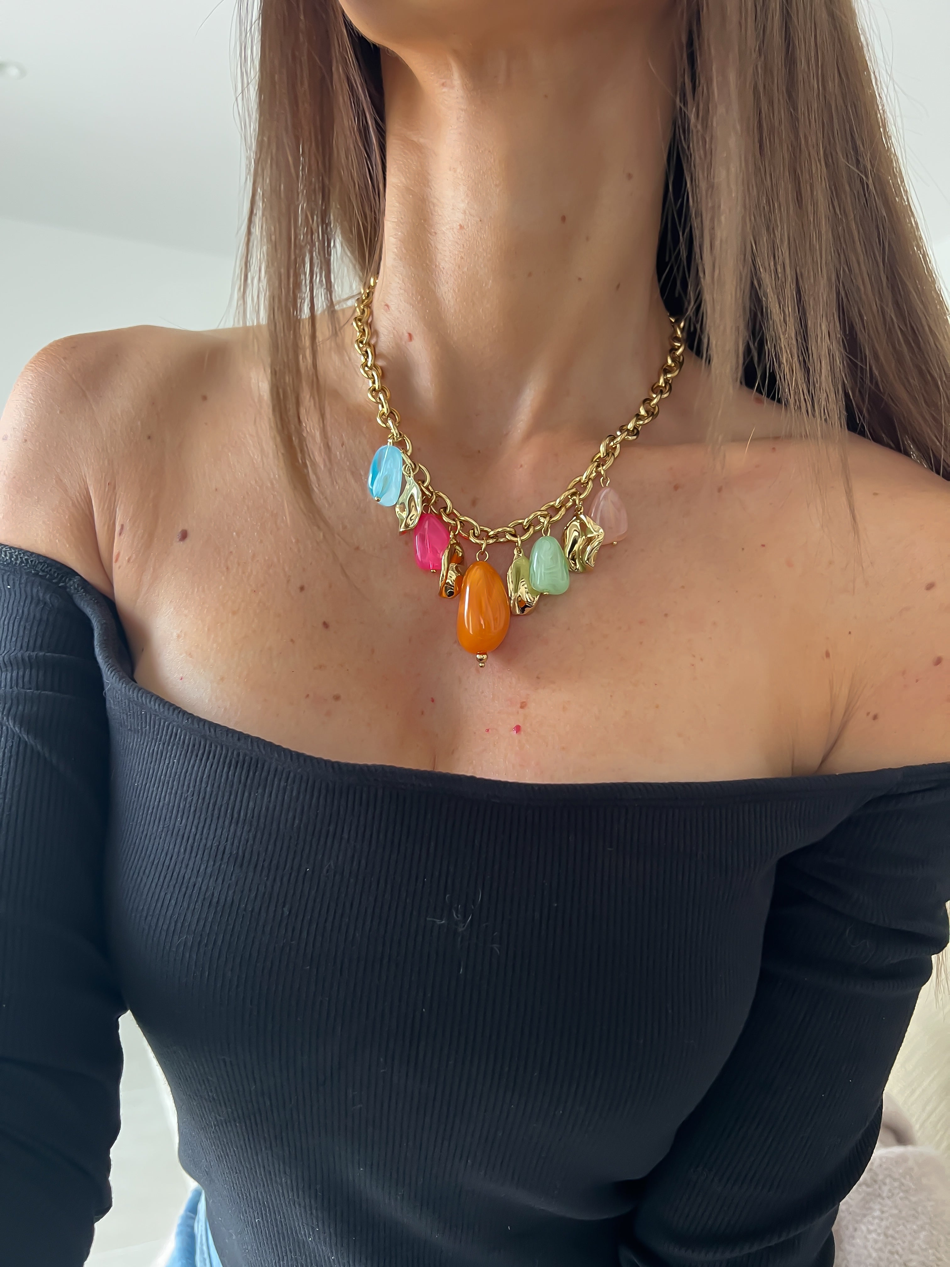 Lison / collier charms multicores en acier inoxydable