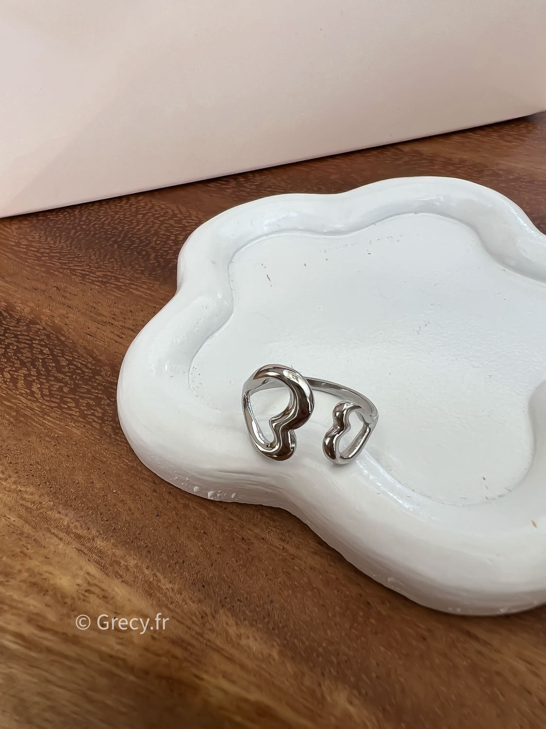 Lucie / Bague fine argentée acier inoxydable fermeture double coeur