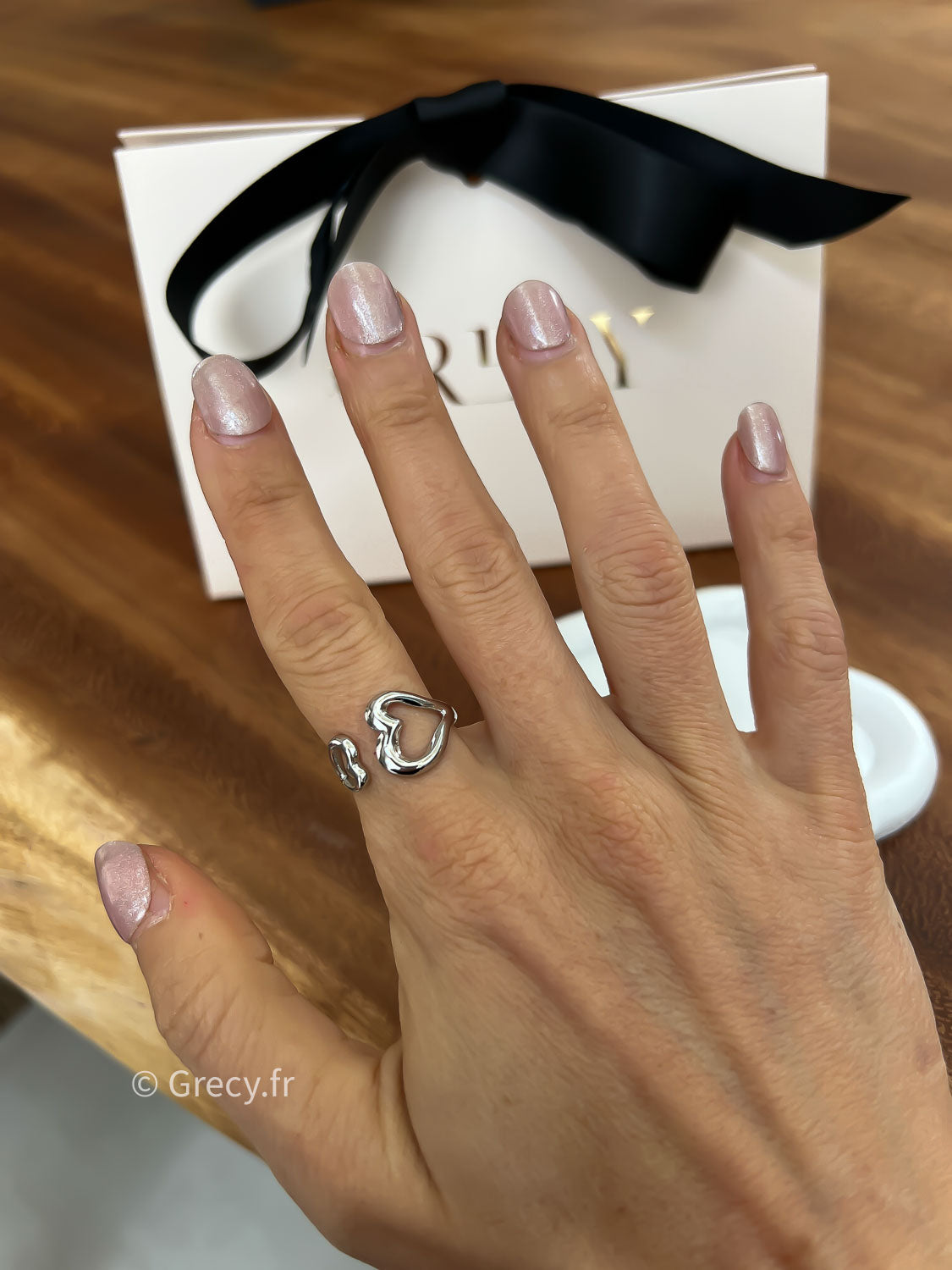 Lucie / Bague fine argentée acier inoxydable fermeture double coeur