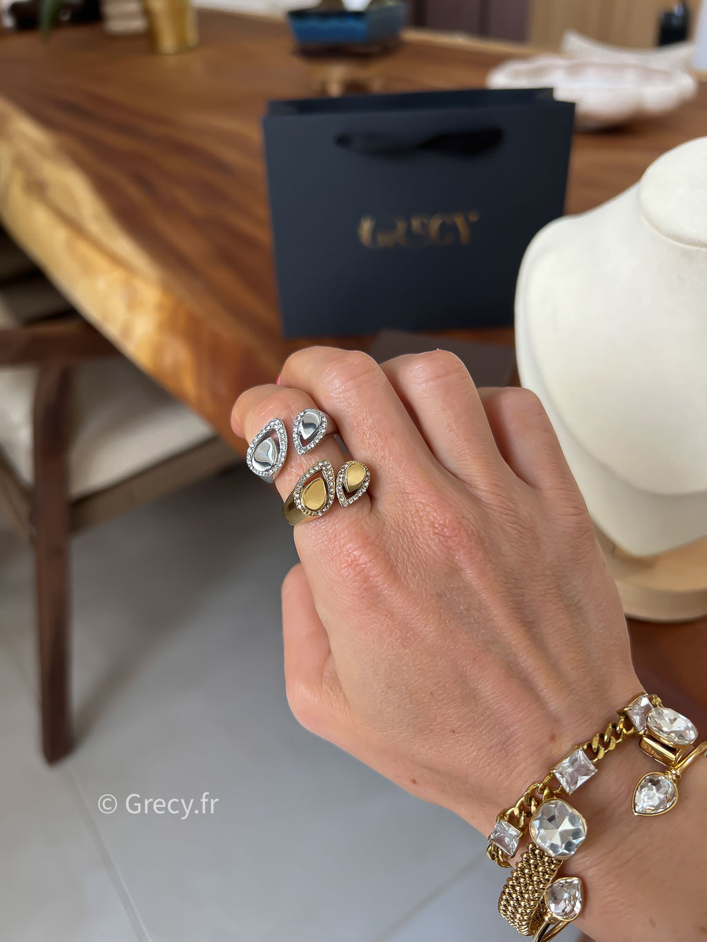 Paulette / Bague double gouttes strass