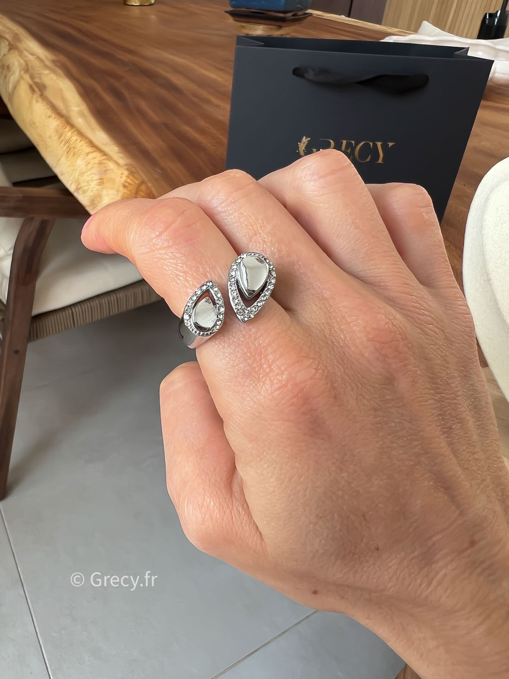 Paulette / Bague double gouttes strass
