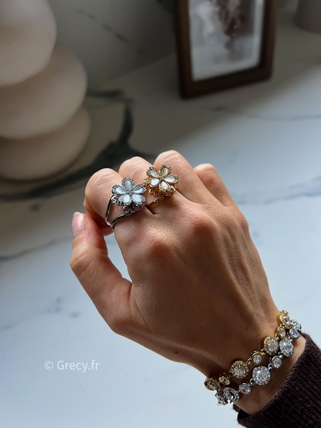 Sarah / Bague rotative anti-stress fleurs