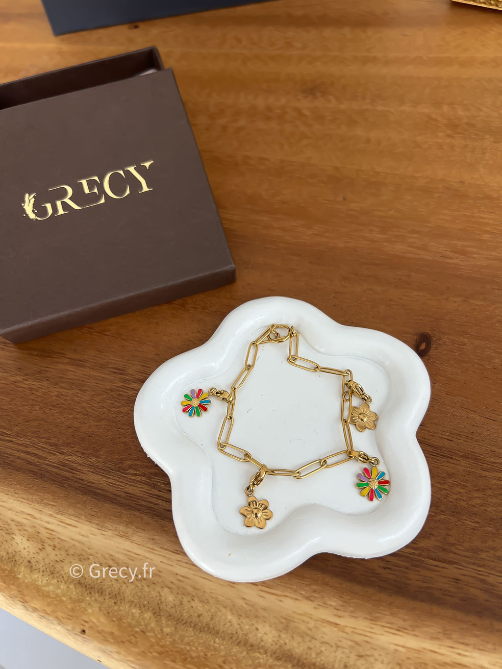 Kiara / Bracelet doré charms fleurs dorés et multicolores