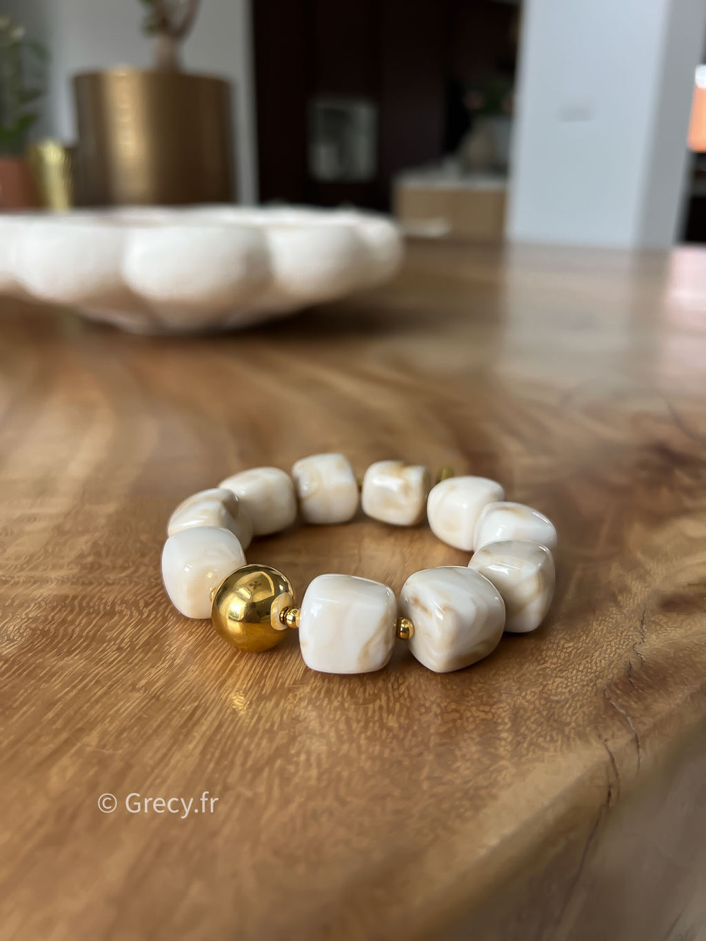 bracelet perles ecru beige elastique