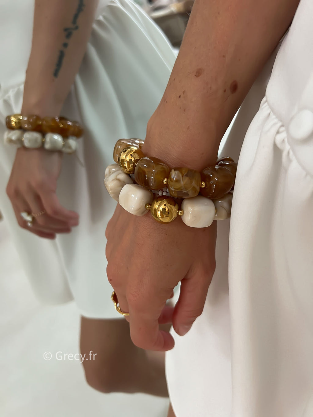 bracelet perles ecru beige elastique