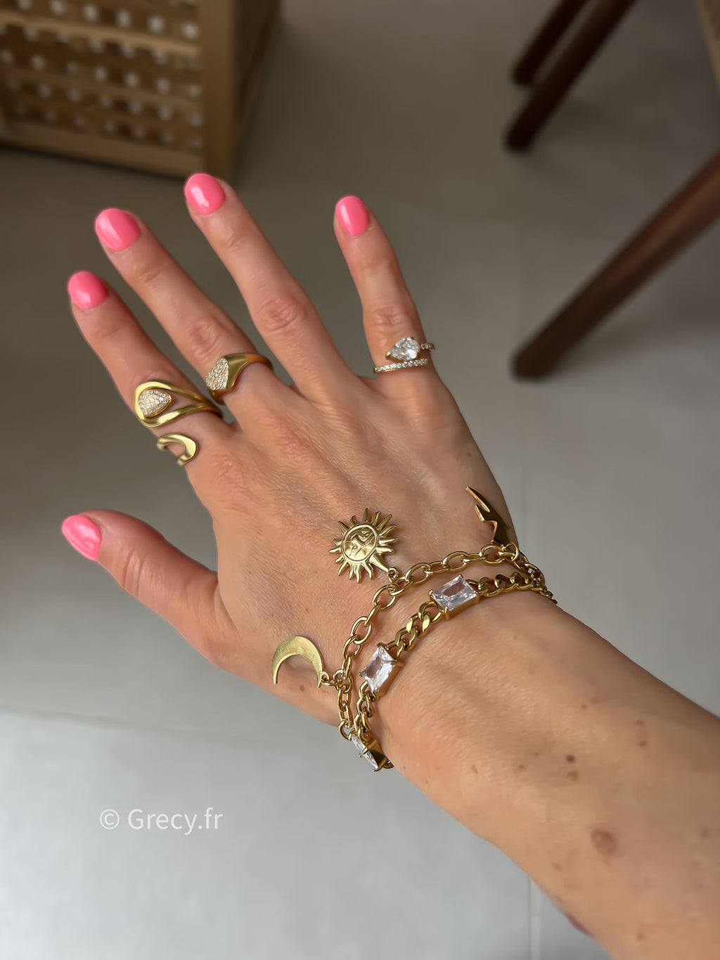 Arlette / Bracelet 3 symboles soleil lune oiseau