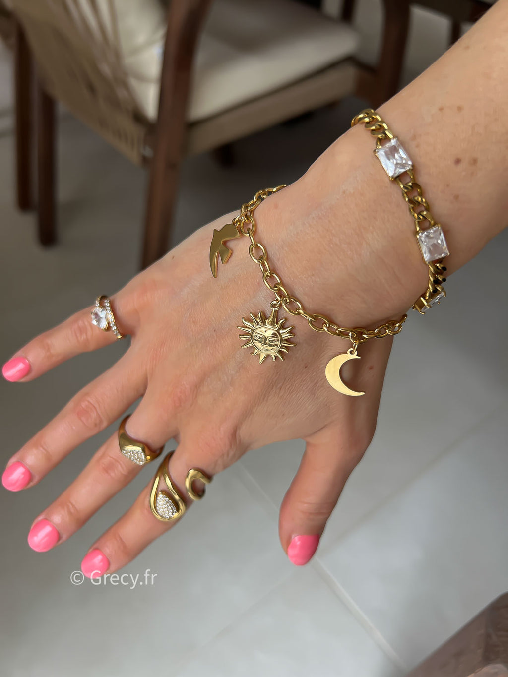 Arlette / Bracelet 3 symboles soleil lune oiseau