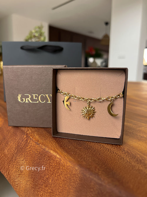 Arlette / Bracelet 3 symboles soleil lune oiseau