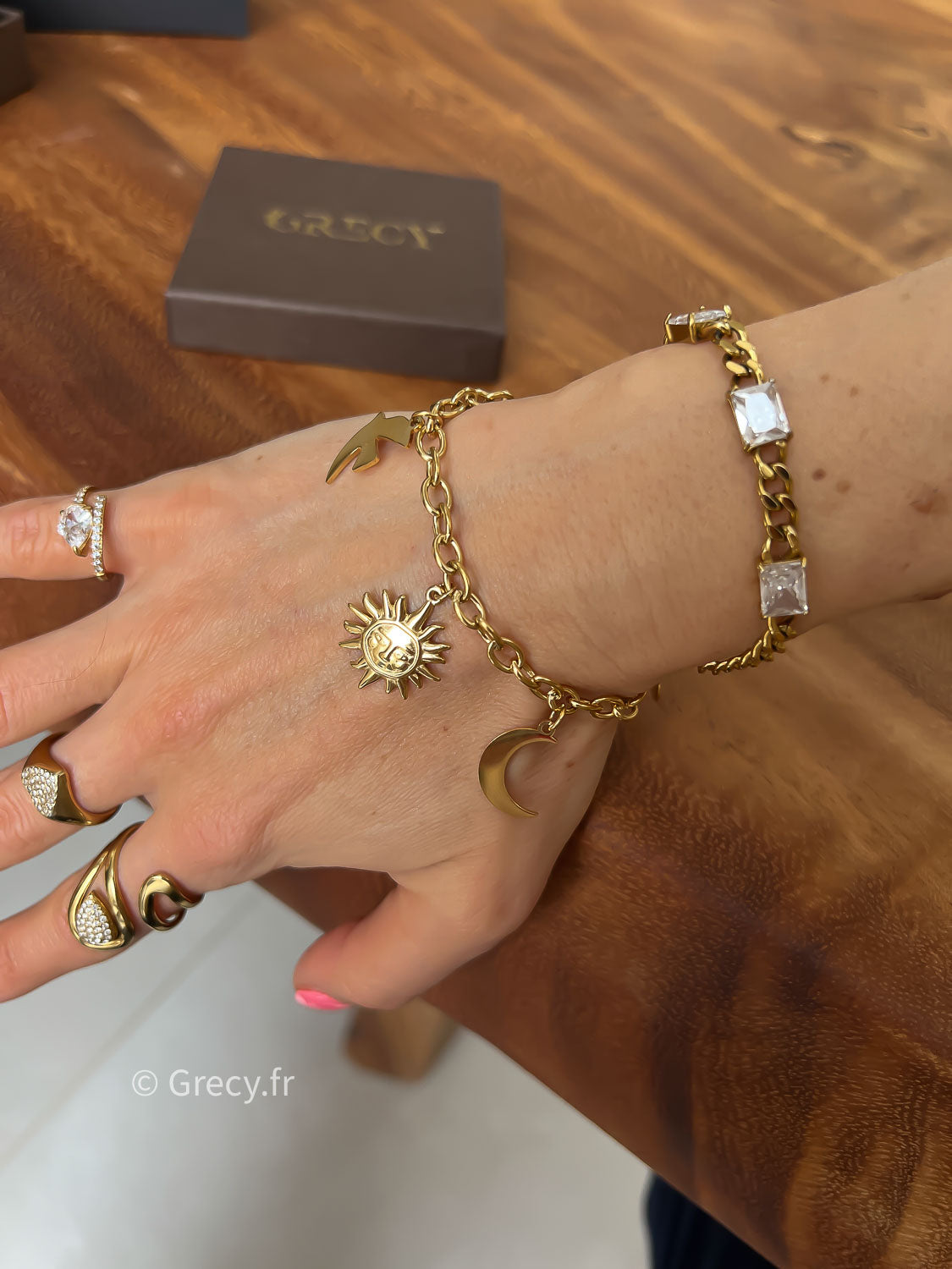 Arlette / Bracelet 3 symboles soleil lune oiseau