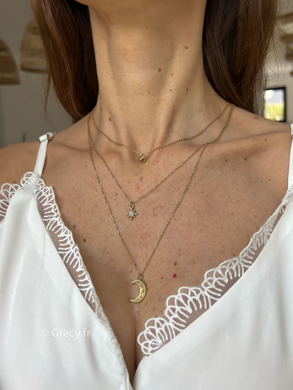 Lucette / Collier 3 rangs coeur étoile lune