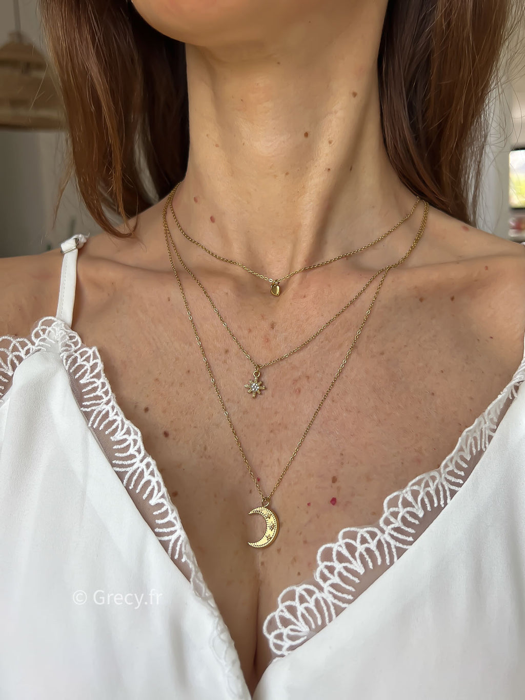 Lucette / Collier 3 rangs coeur étoile lune