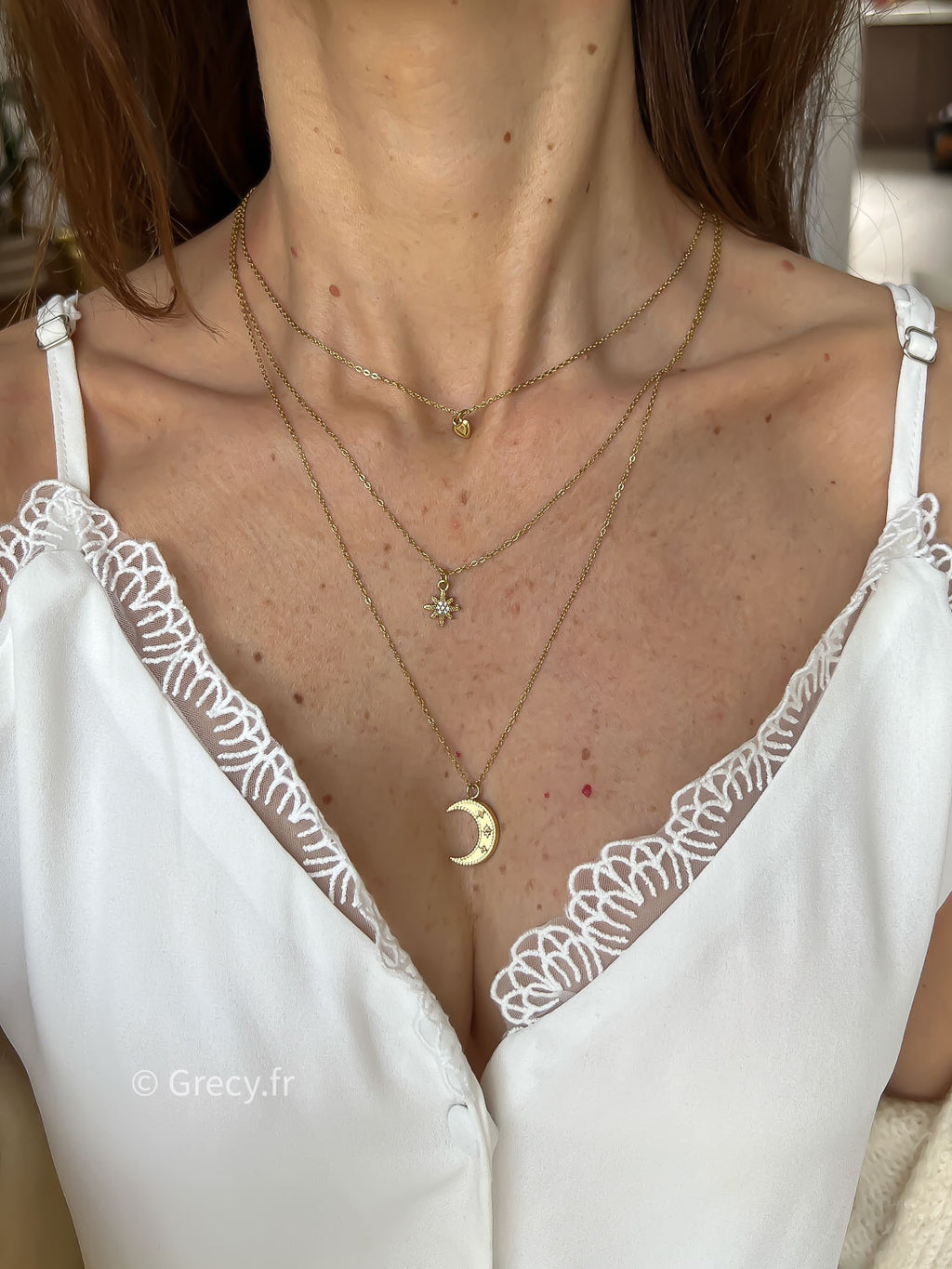 Lucette / Collier 3 rangs coeur étoile lune