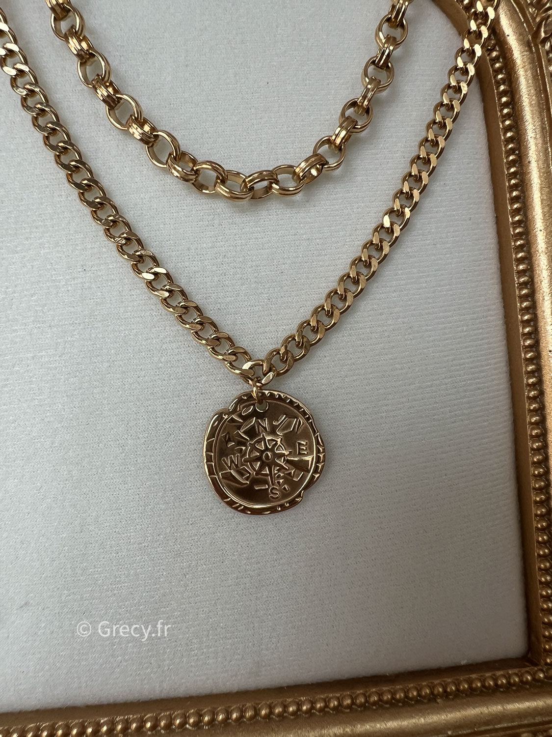 Aaron / Double chaine médaillon boussole dorée ou argentée