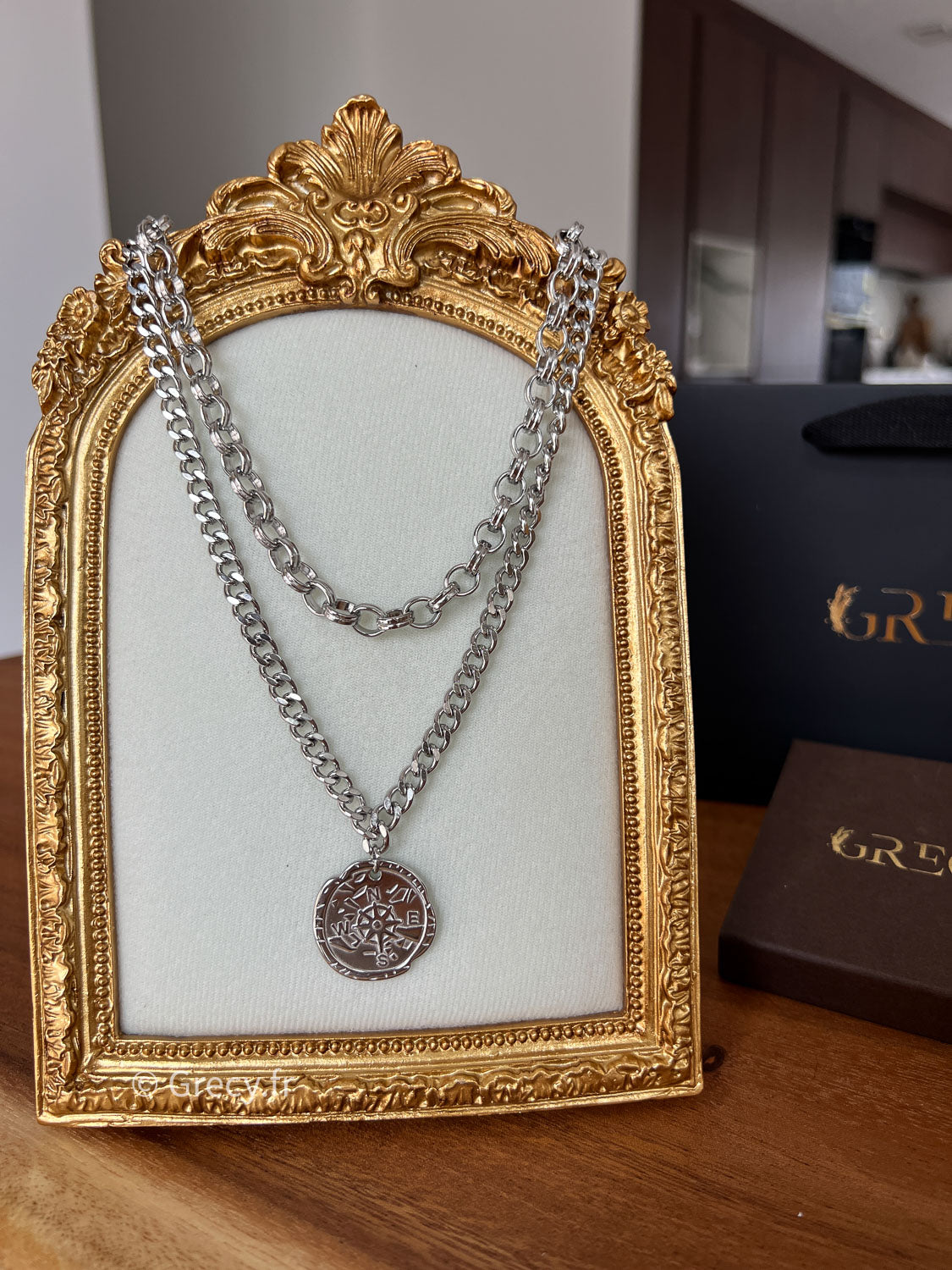 Aaron / Double chaine médaillon boussole dorée ou argentée