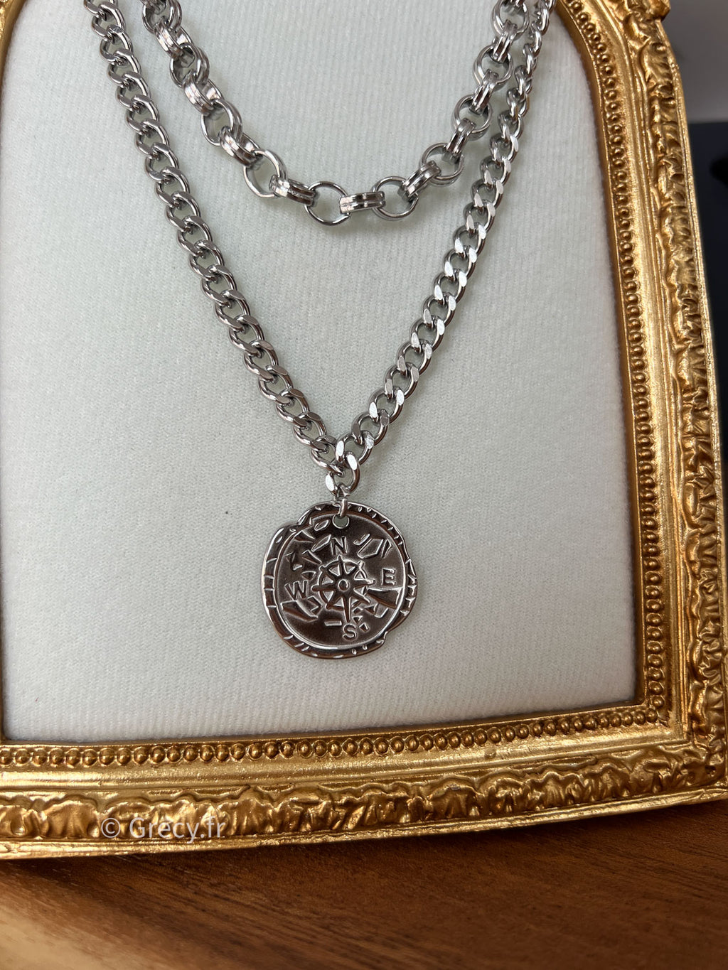 Aaron / Double chaine médaillon boussole dorée ou argentée