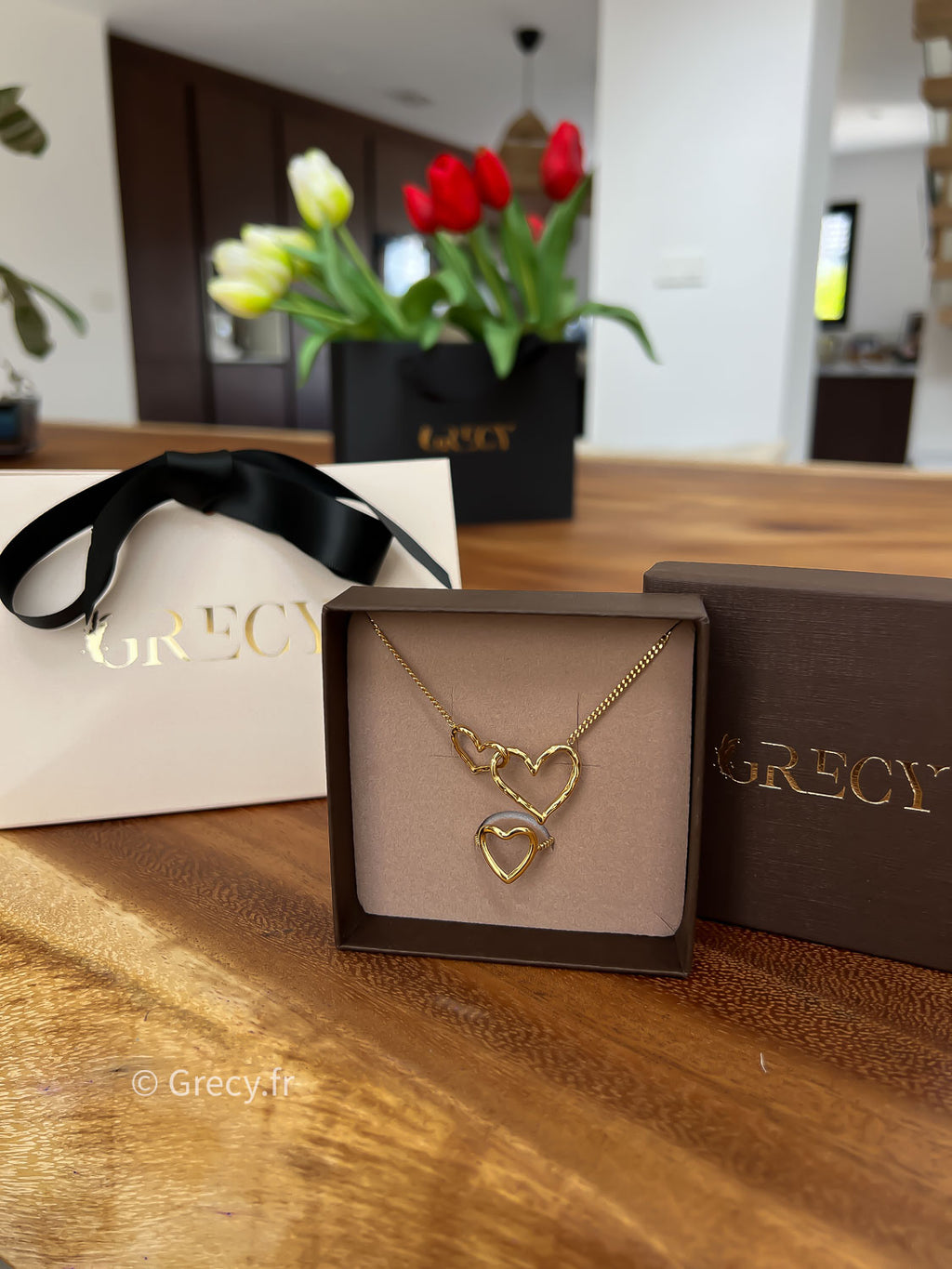 Claudie / Collier fine maille double coeur