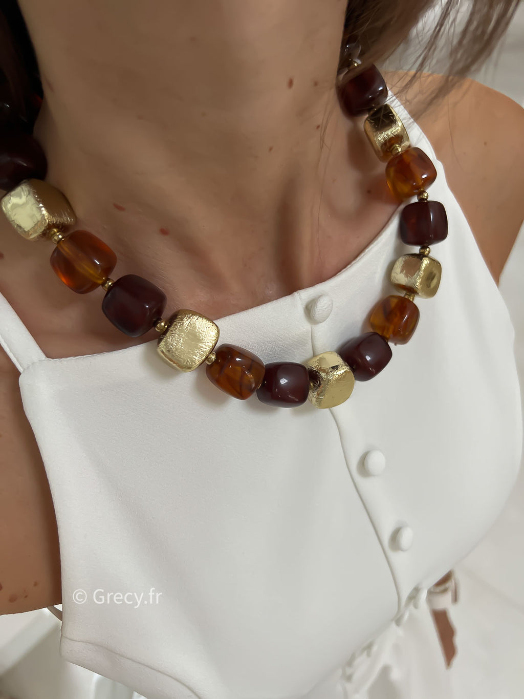 Collier perles marron et doré