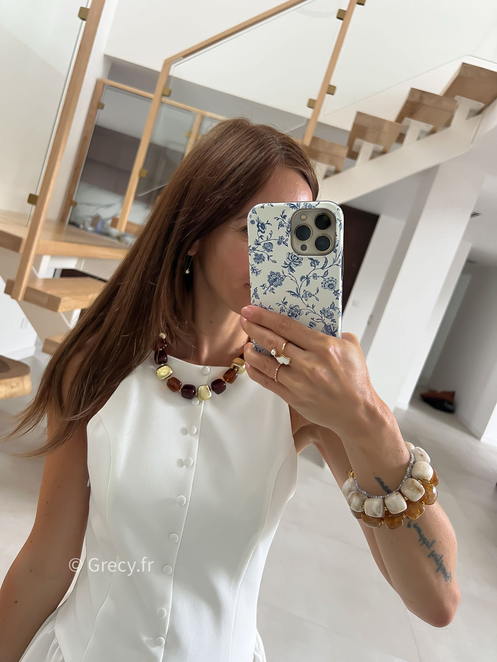 Collier perles marron et doré