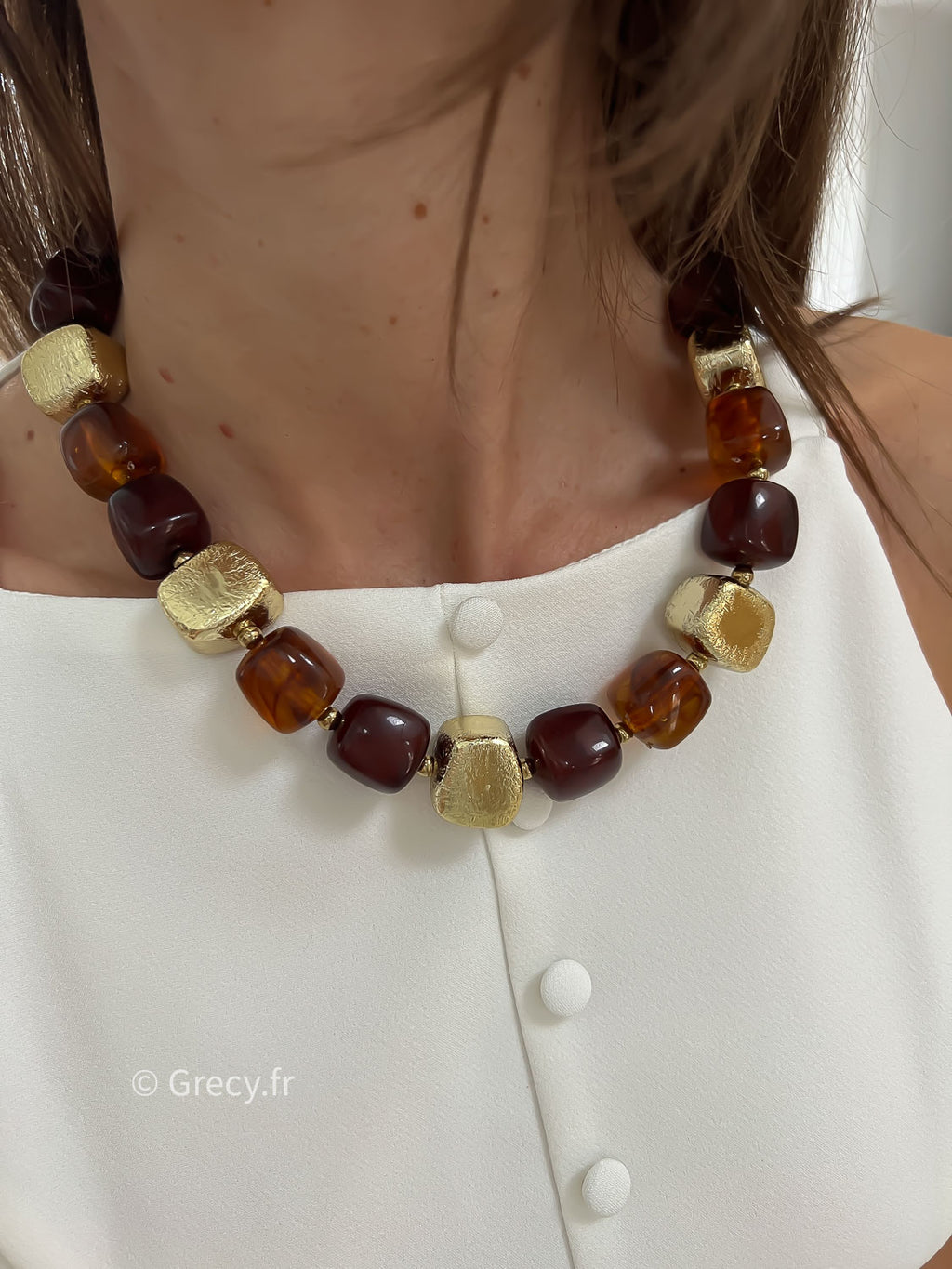 Collier perles marron et doré