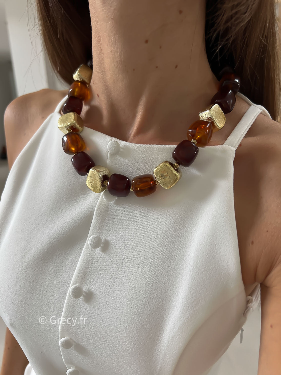Collier perles marron et doré
