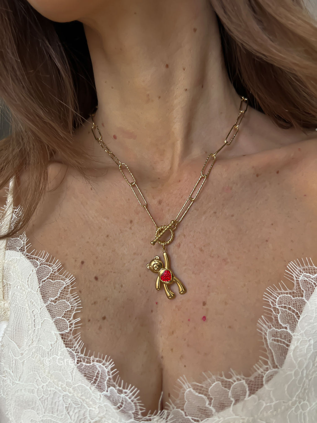 Anna / Collier ours coeur rouge