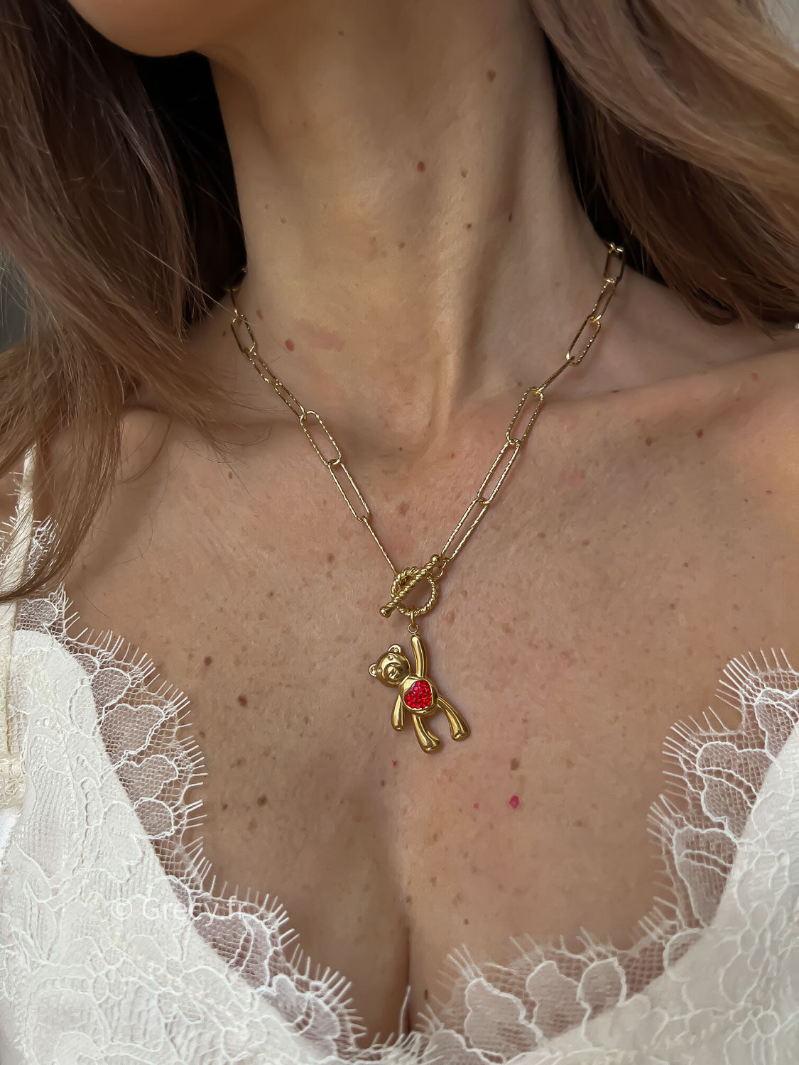 Anna / Collier ours coeur rouge