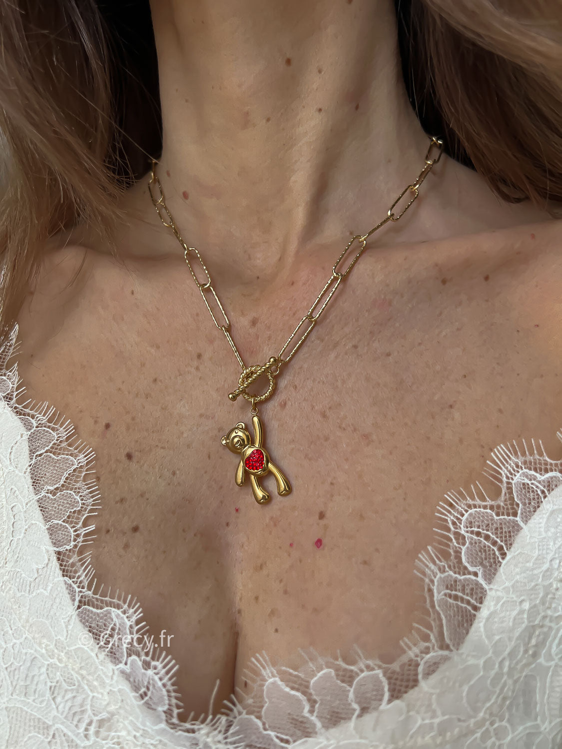Anna / Collier ours coeur rouge