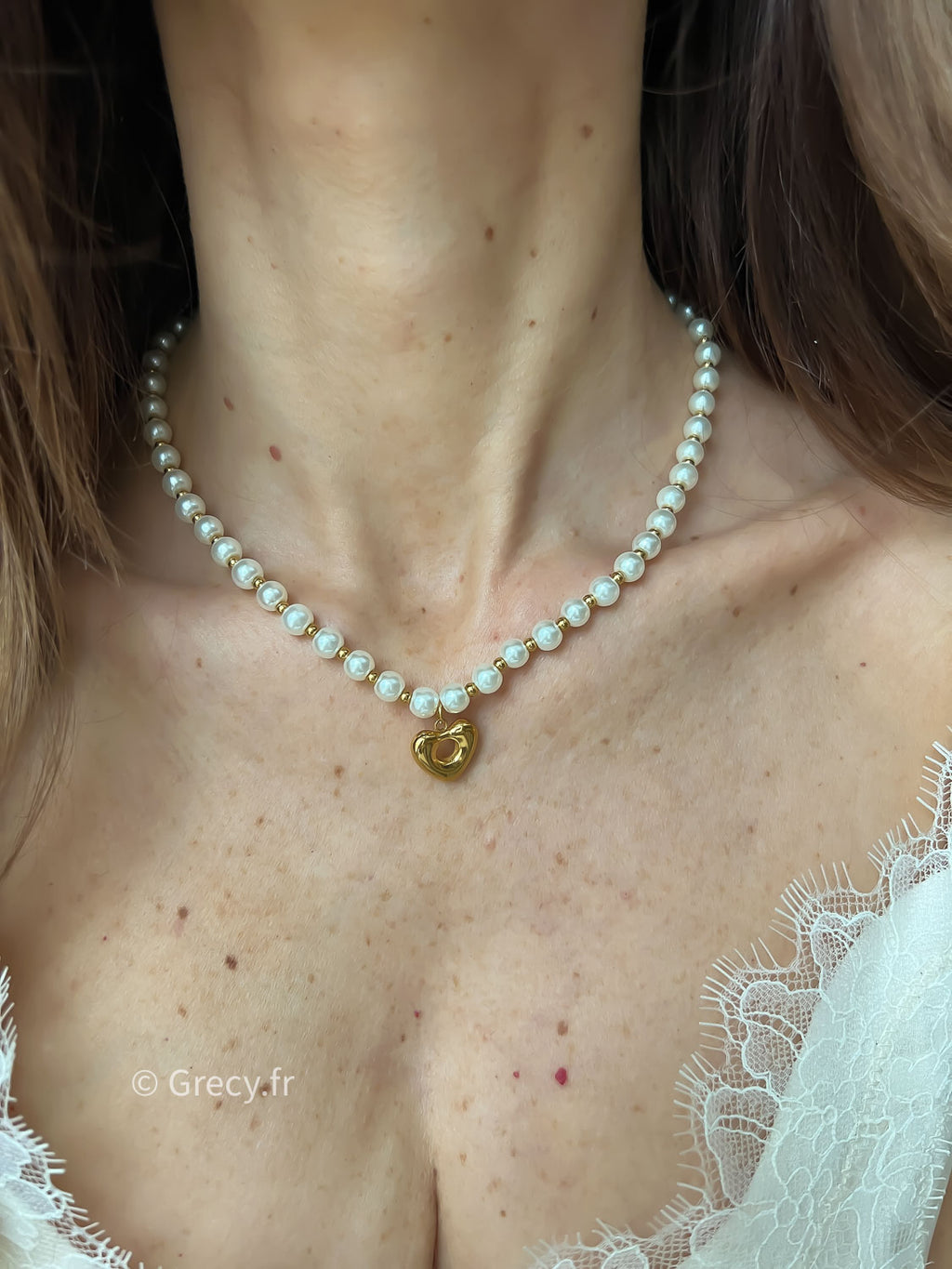Monika / Collier perles et coeur doré