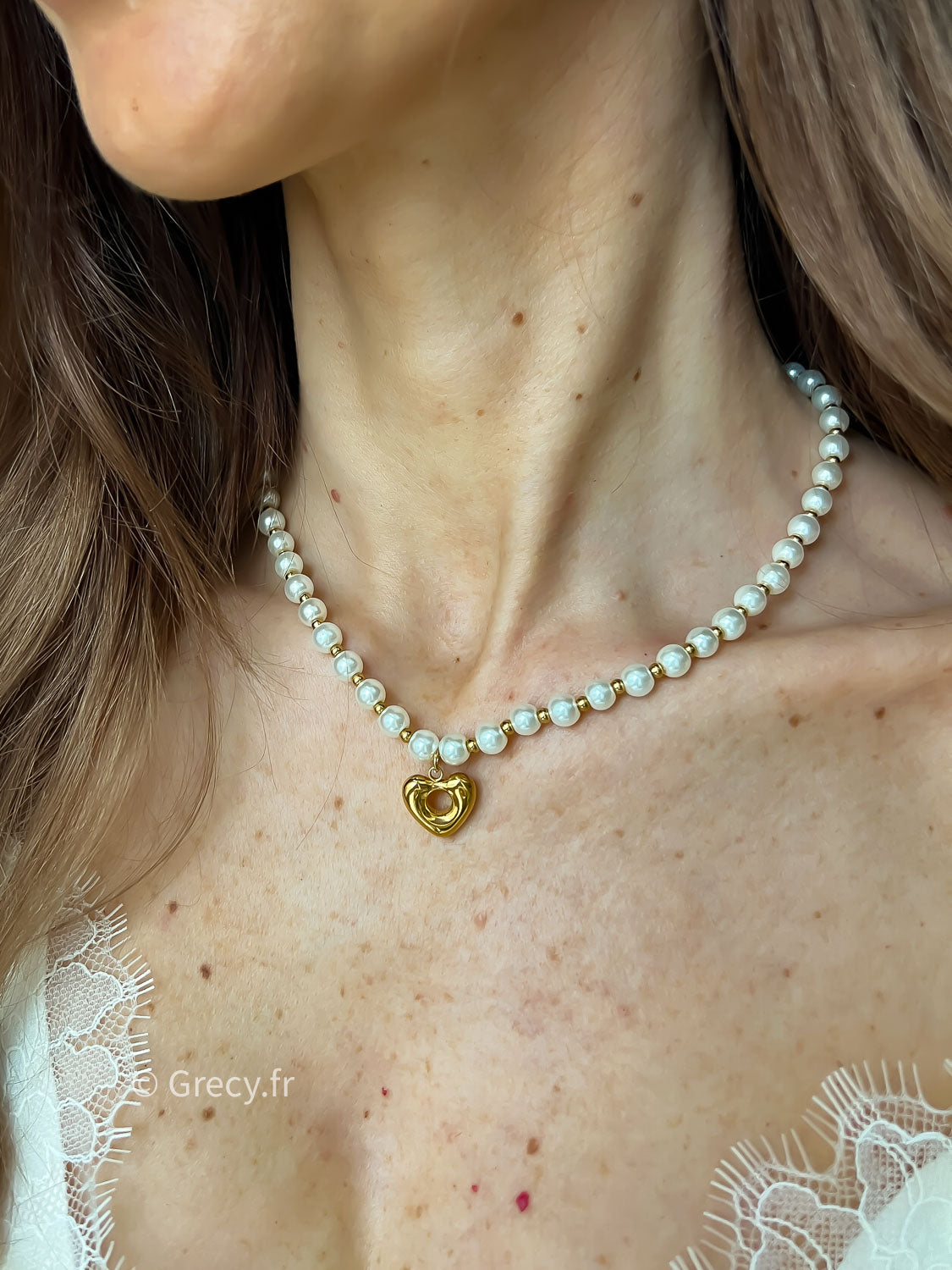 Monika / Collier perles et coeur doré