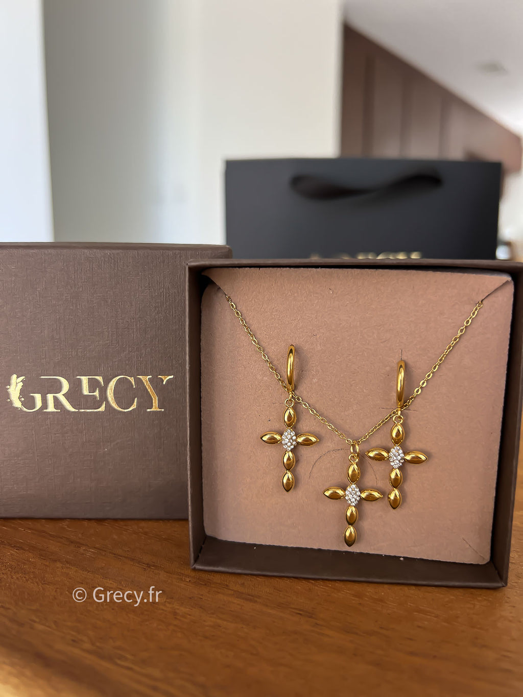 Cassie / Parure croix collier et boucles d'oreilles